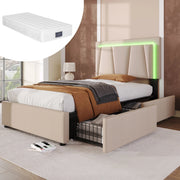 OKWISH Letto Singolo 90×200 cm con 2 Cassetti, LED Regolabile e Testiera Regolabile, Materasso Incluso, in Legno, Beige