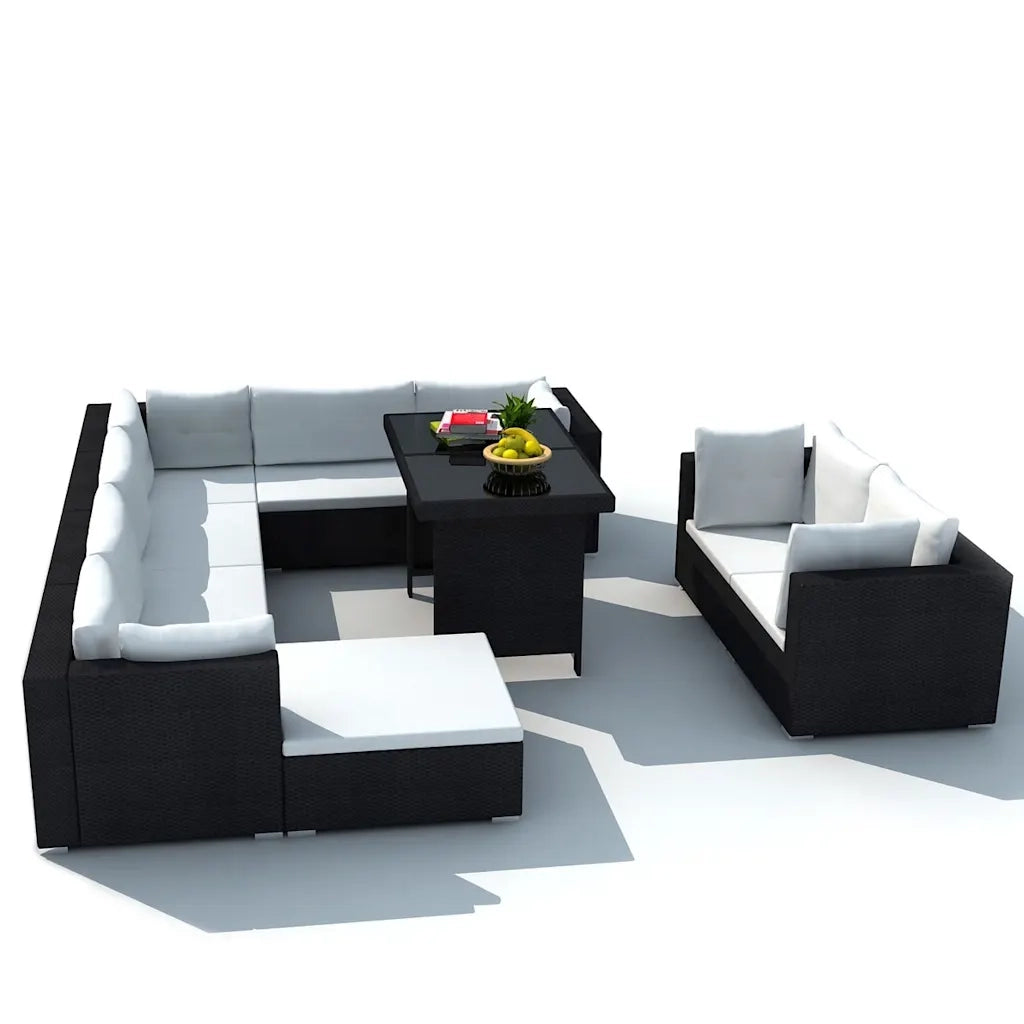 Set Divani da Giardino 10 pz con Cuscini in Polyrattan Nero 41878