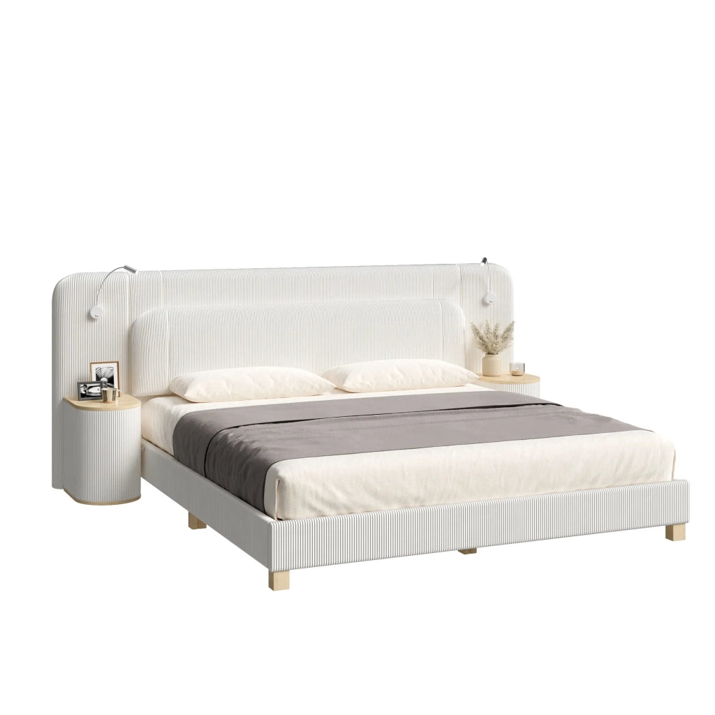 Letto 140x200 cm in velluto a coste beige, con comodino e lampada da notte