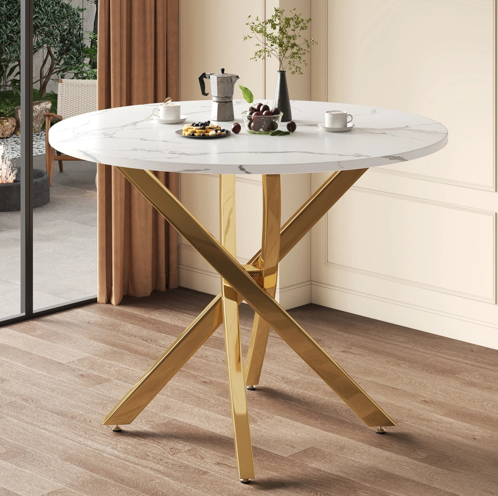 Tavolo rotondo 80 x 80 cm in MDF effetto marmo bianco e oro