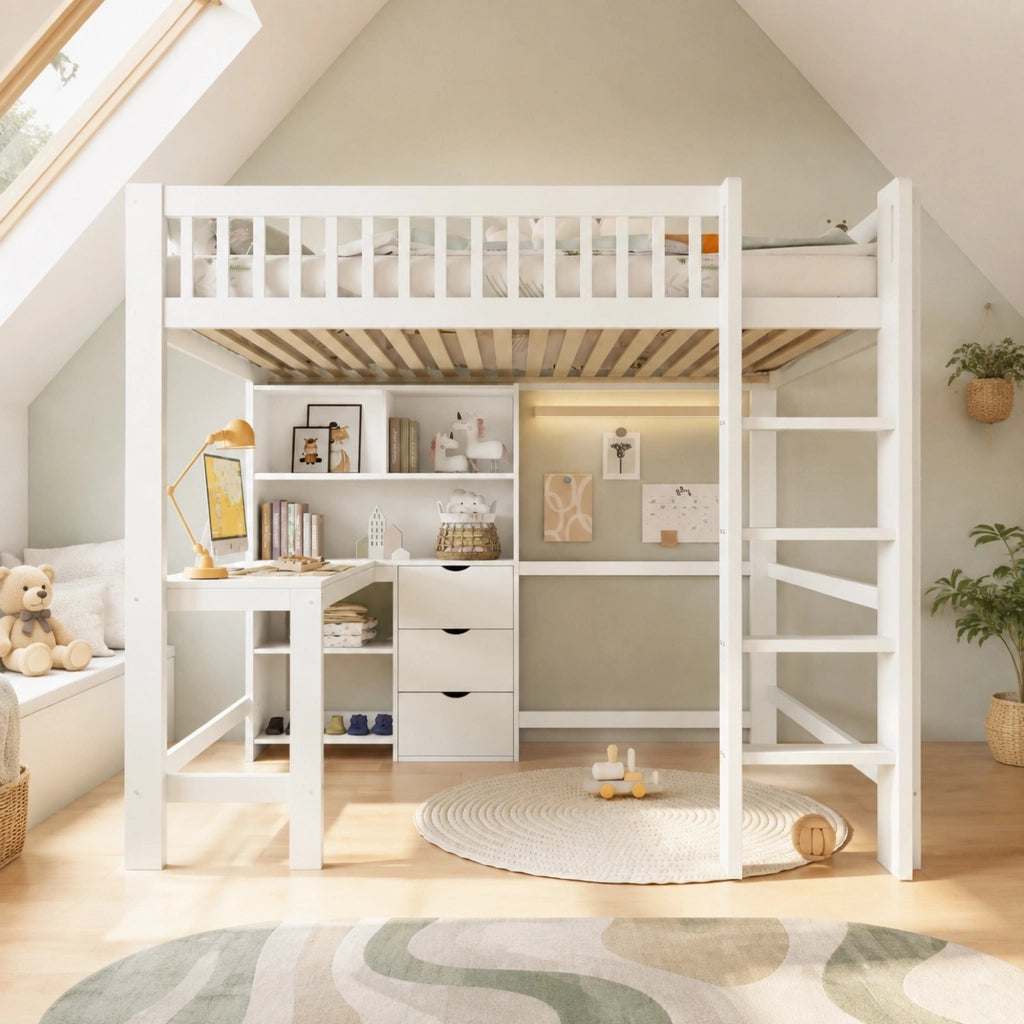 Letto a soppalco bianco 140x200 cm con scrivania e 3 cassetti