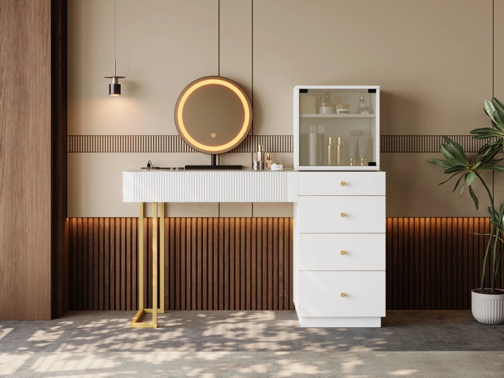 Tavolo da toeletta con specchio LED; piano vetro temperato; 5 cassetti e 1 mobiletto; Bianco; B120×P40×H120cm