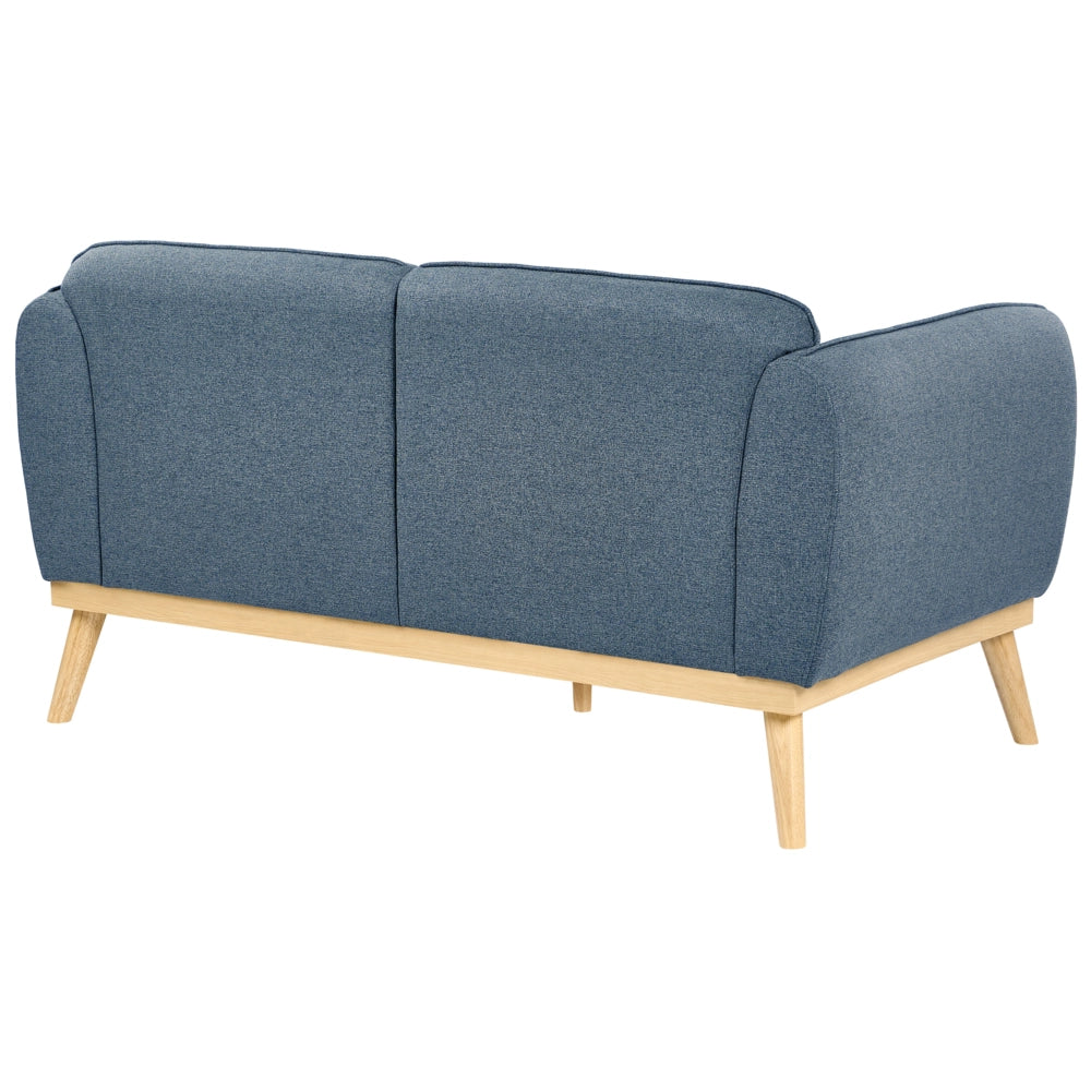 Set da salotto in stile scandinavo con divani a 2 e 3 posti, gambe affusolate in legno e rivestimento in tessuto blu