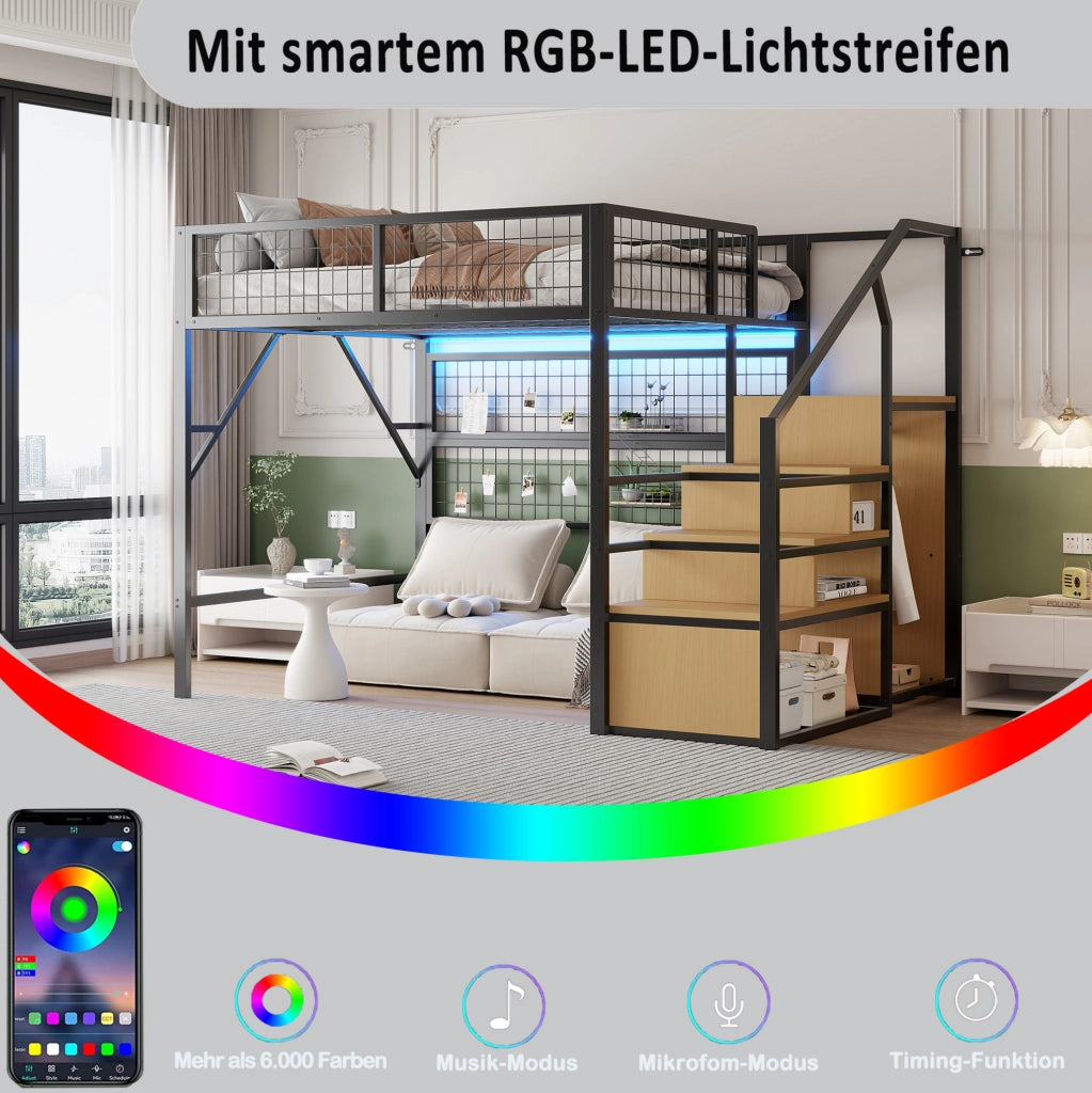 Letto a soppalco 140x200 cm in metallo con LED e scala