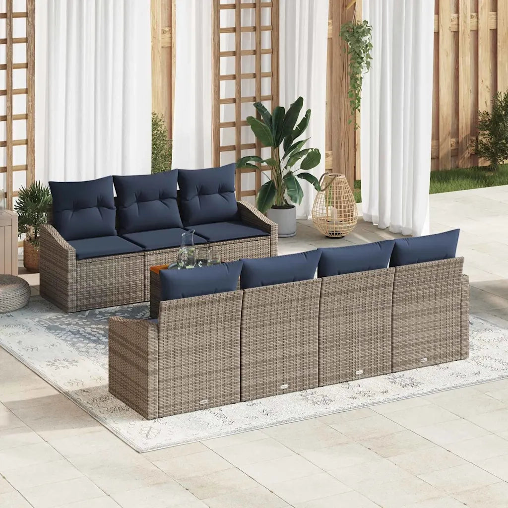 Set Divano da Giardino 8 pcs Grigio e Blu Navy polyrattan