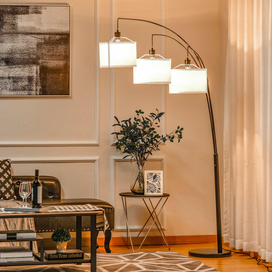 Lampada da Terra con 3 Paralumi E27 H205 cm in Metallo Nero e Bianco