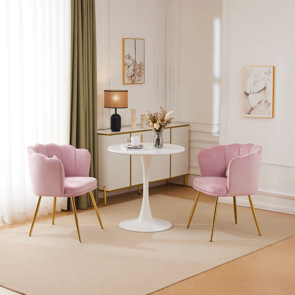 Sedie da pranzo, 2 pezzi in velluto rosa con schienale a petalo e gambe in metallo dorato, per soggiorno e sala da pranzo