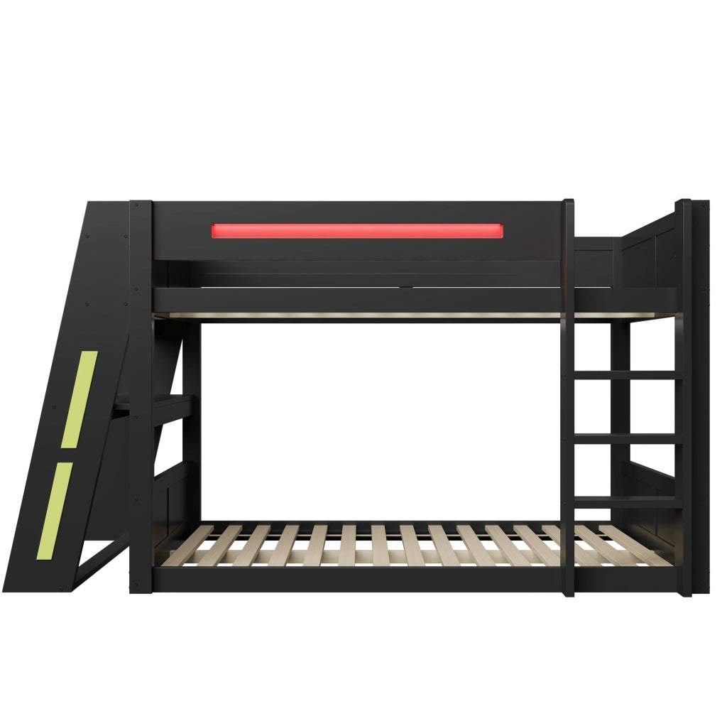 Letto a castello gaming 140x200 cm con scrivania; LED e USB in legno MDF e pino; nero