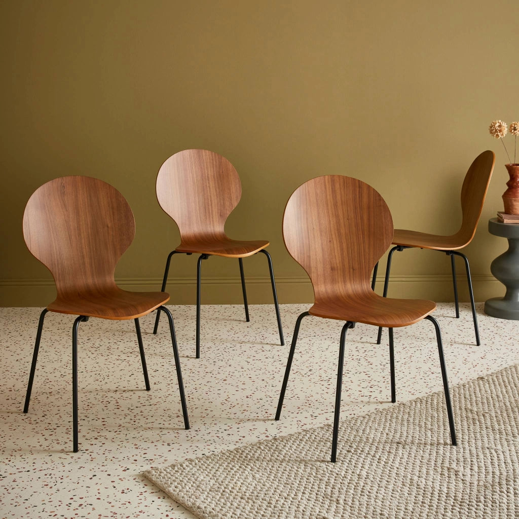 Sedie da pranzo in legno con gambe in acciaio, set di 4, marrone