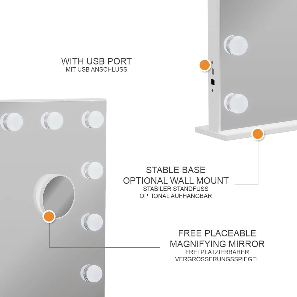 Specchio da toilette Greta, Bianco, 58 x 47 cm con illuminazione a LED, con specchio cosmetico integrato 10x e porta USB