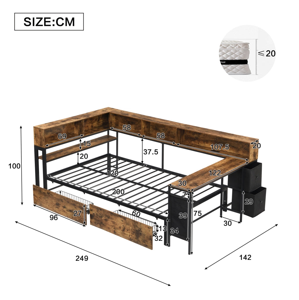LETTO Singolo 120x200 cm Metallo e Legno Nero/Naturale con 2 Cassetti