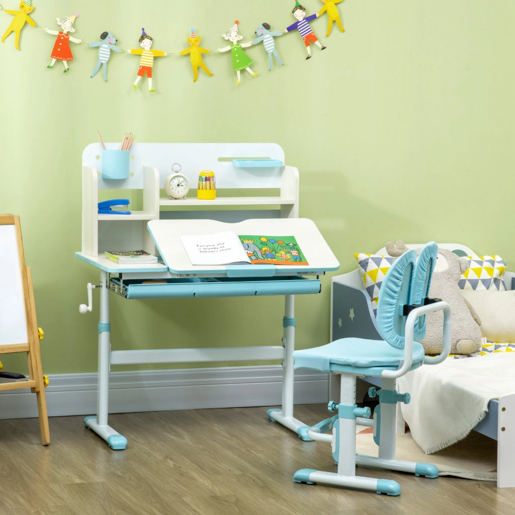 Scrivania Regolabile per Bambini con Sedia ¨C zephmum ¨C Azzurro, Legno e Metallo, 90x50x75 cm