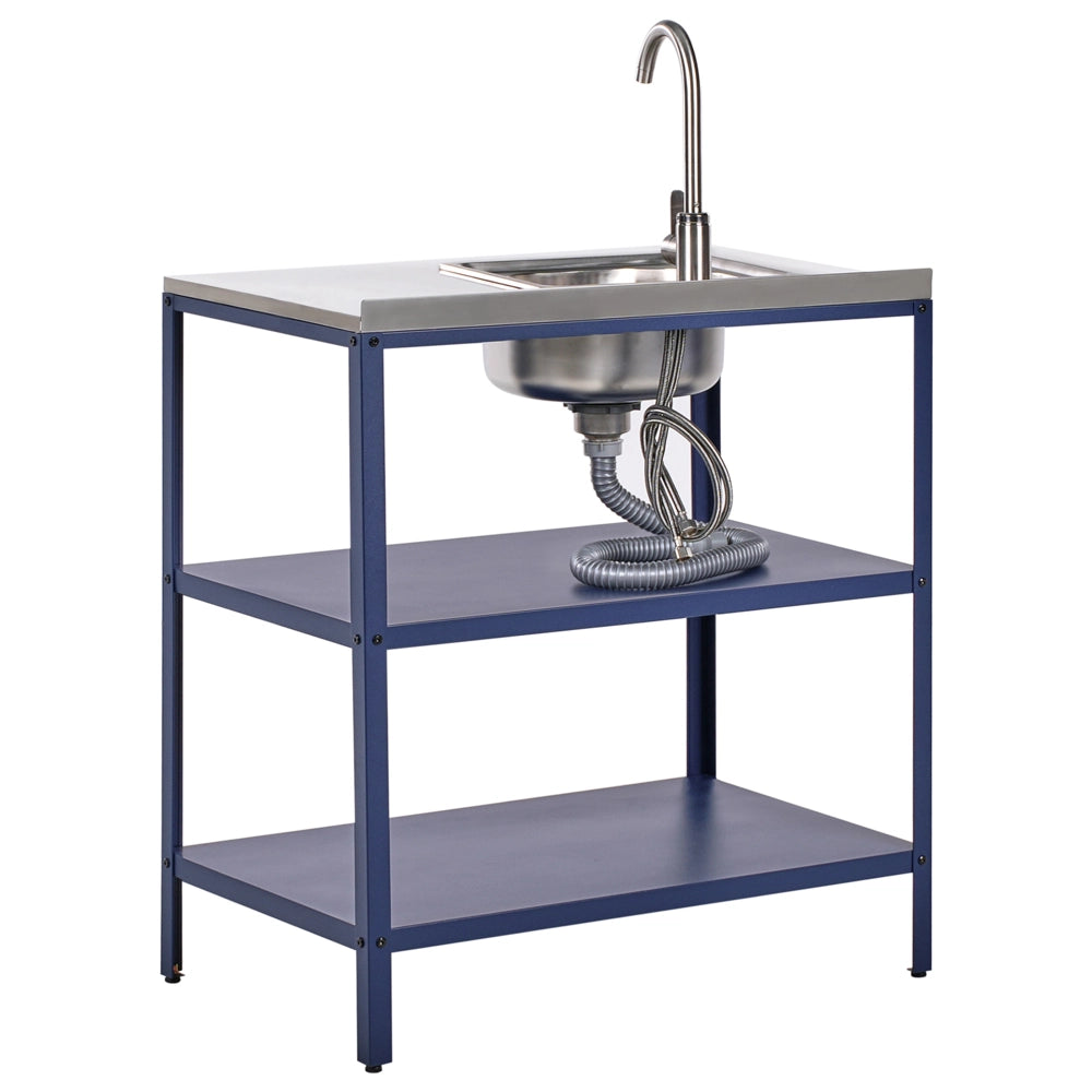 Mobile da giardino in acciaio con lavello a leva  con ripiani in acciaio inox blu 80x50x92 cm 2 ripiani con top Cucina da giardino da pranzo