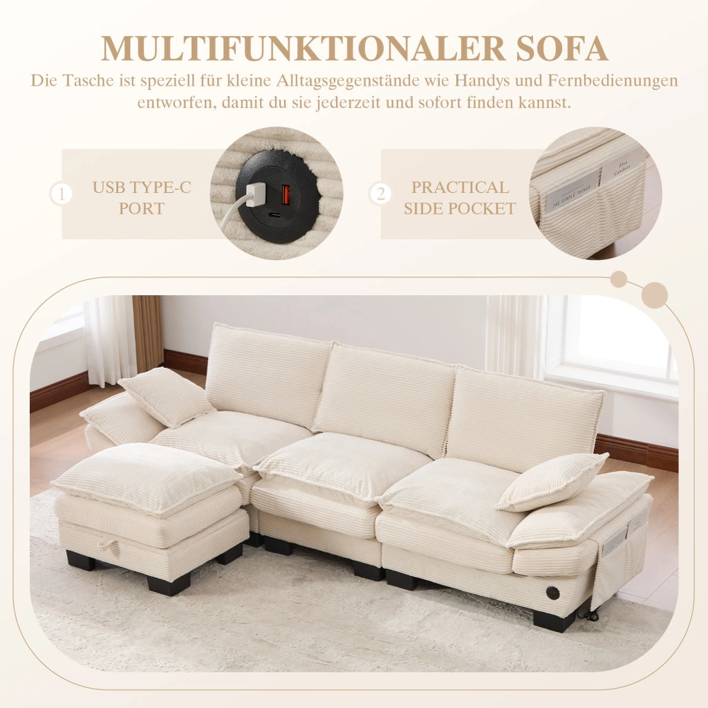 Divano modulare a 3 posti in velluto a coste con pouf seduta ergonomica USB-C e tasche laterali beige