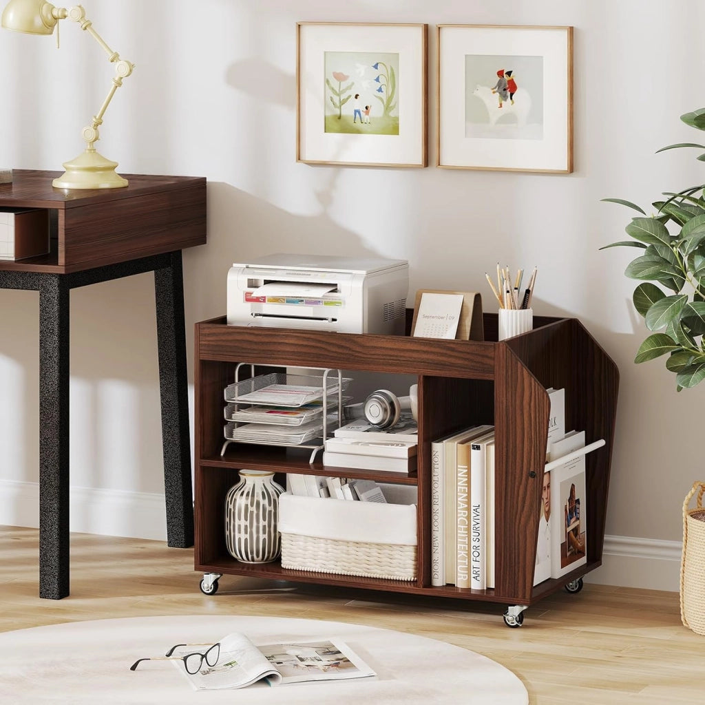 Tavolino da Salotto a 3 Ripiani con Ruote, Tavolino Caffè Laterale in Legno per Soggiono e Studio, Mobile Porta Stampante per Casa e Ufficio, 76 x 39,5 x 55 cm, Noce