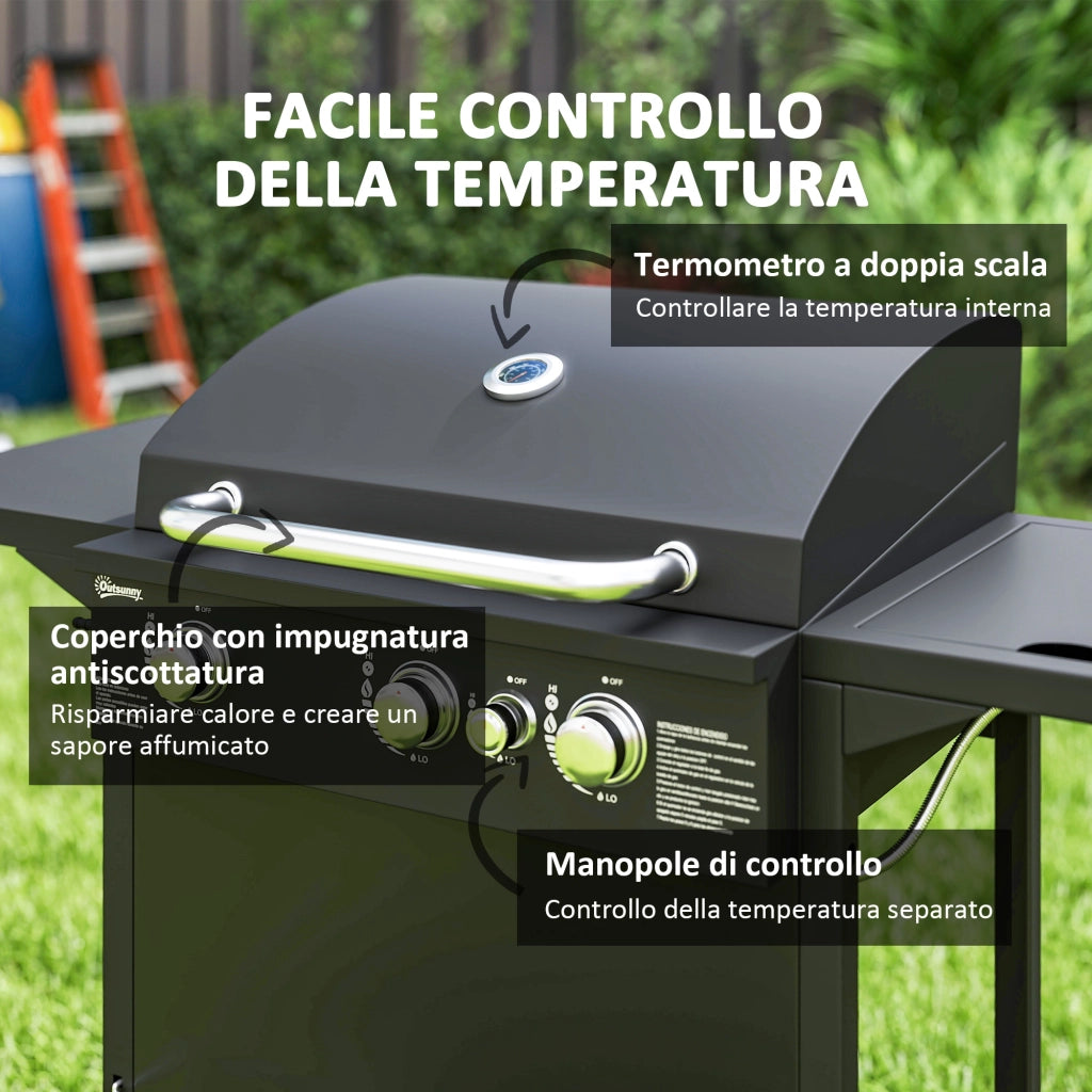 Barbecue a Gas con Bruciatori Indipendenti, Coperchio con Termometro e Tavolino Laterale, Nero