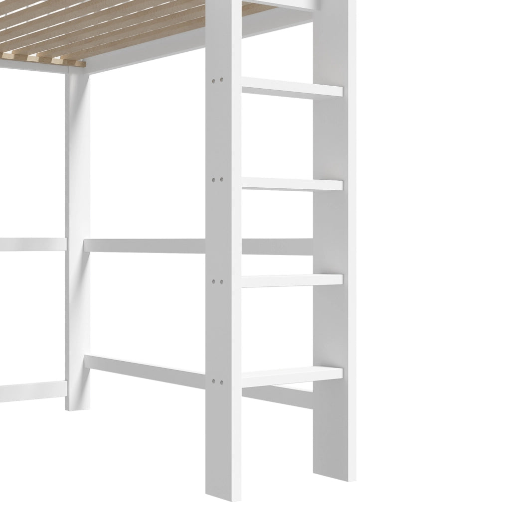 Letto a soppalco ULEVR 140x200 cm con scrivania, 3 cassetti, vani aperti e scala, bianco