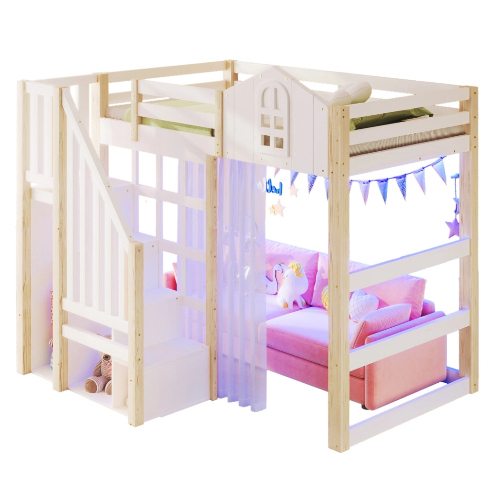 Letto a soppalco 90x200 cm con LED, scala contenitore e tenda