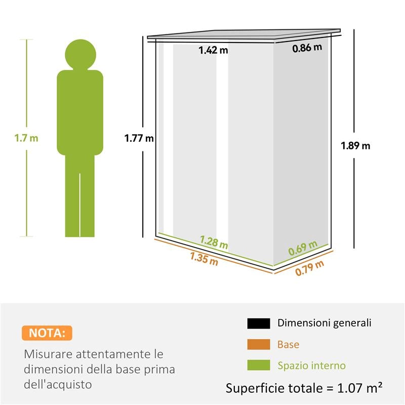 CAPANNO PORTA ATTREZZI IN METALLO CON TETTO INCLINATO E PORTA BLOCCABILE, 142X86X189 CM, VERDE CHIARO