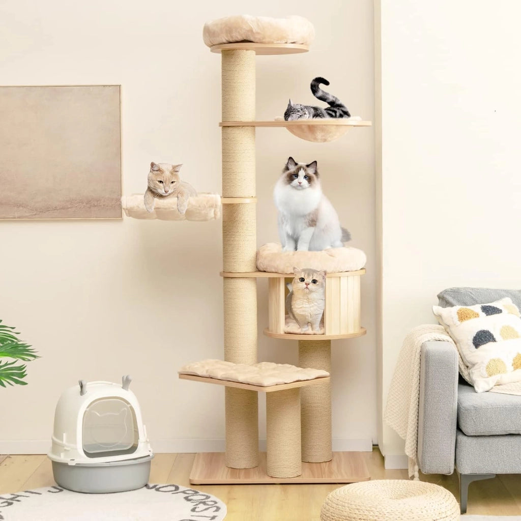Albero Tiragraffi per Gatti Alto 191 cm, Tiragraffi per Gatti Multistrato con Nicchia in Legno, Trespolo Spazioso, Amaca, Nido, Pali, Tiragraffi e Materassini Lavabili