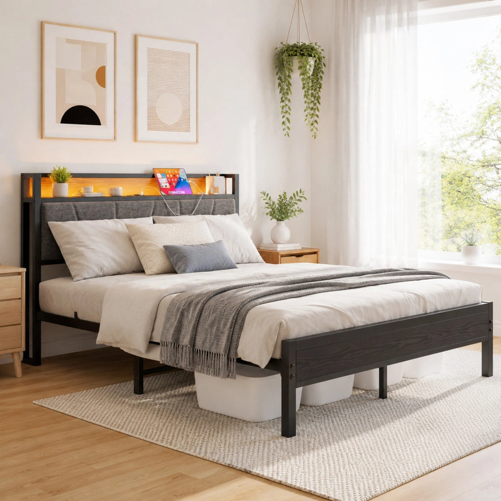 Struttura letto 140x200 cm in metallo con testiera contenitore, LED, USB e presa, nero