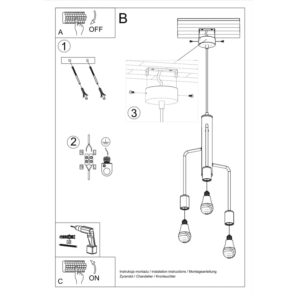 Lampadario Basilik Pure Lume 3 luci E27 nero metallo