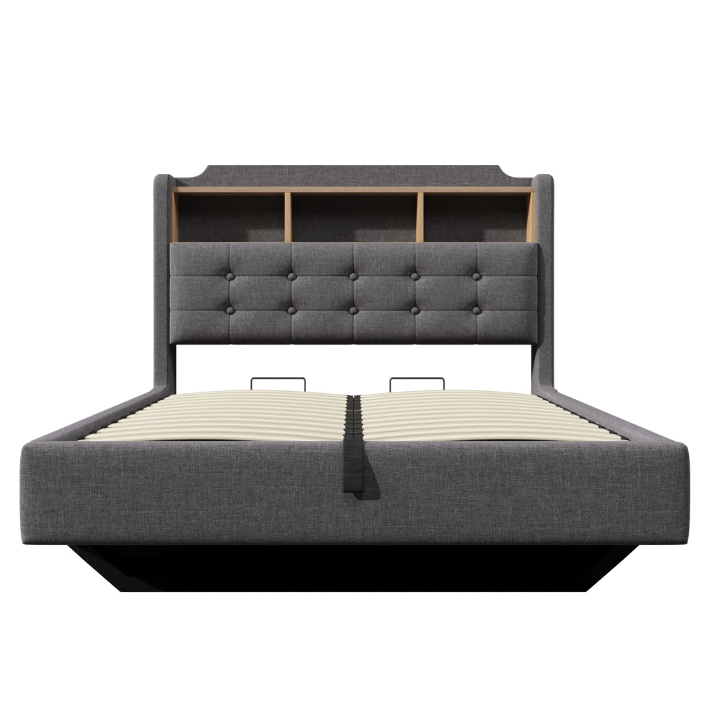 Letto imbottito 140x200 cm con LED, vano contenitore idraulico e prese USB