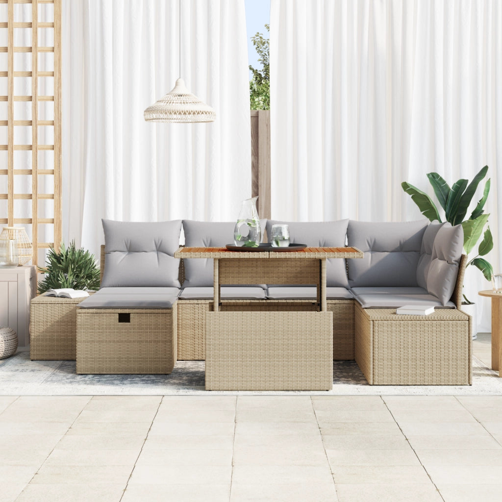 Set da Pranzo Giardino 7 Pezzi con Cuscini Beige Polyrattan Acacia