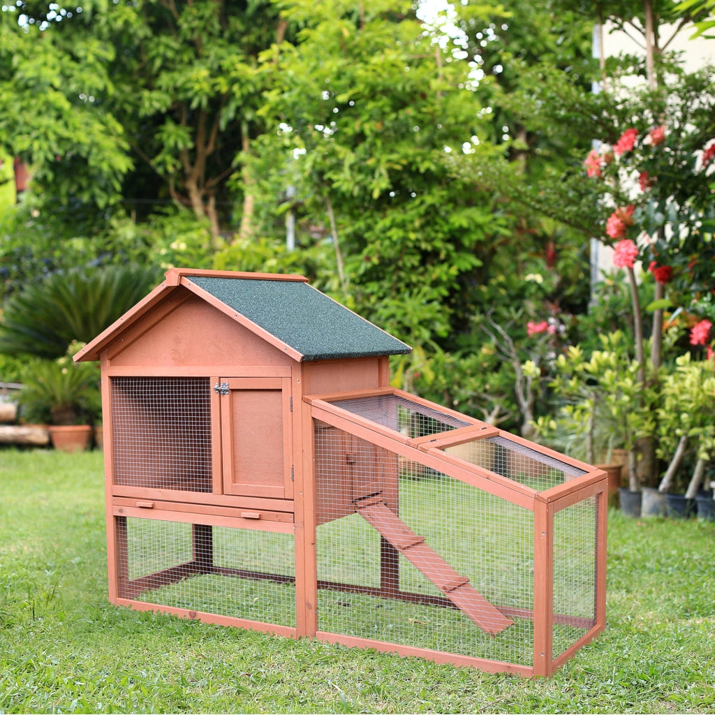 Gabbia per conigli a due piani in legno con rampa e cassetto ¨C zephmum ¨C 144x64,5x100 cm