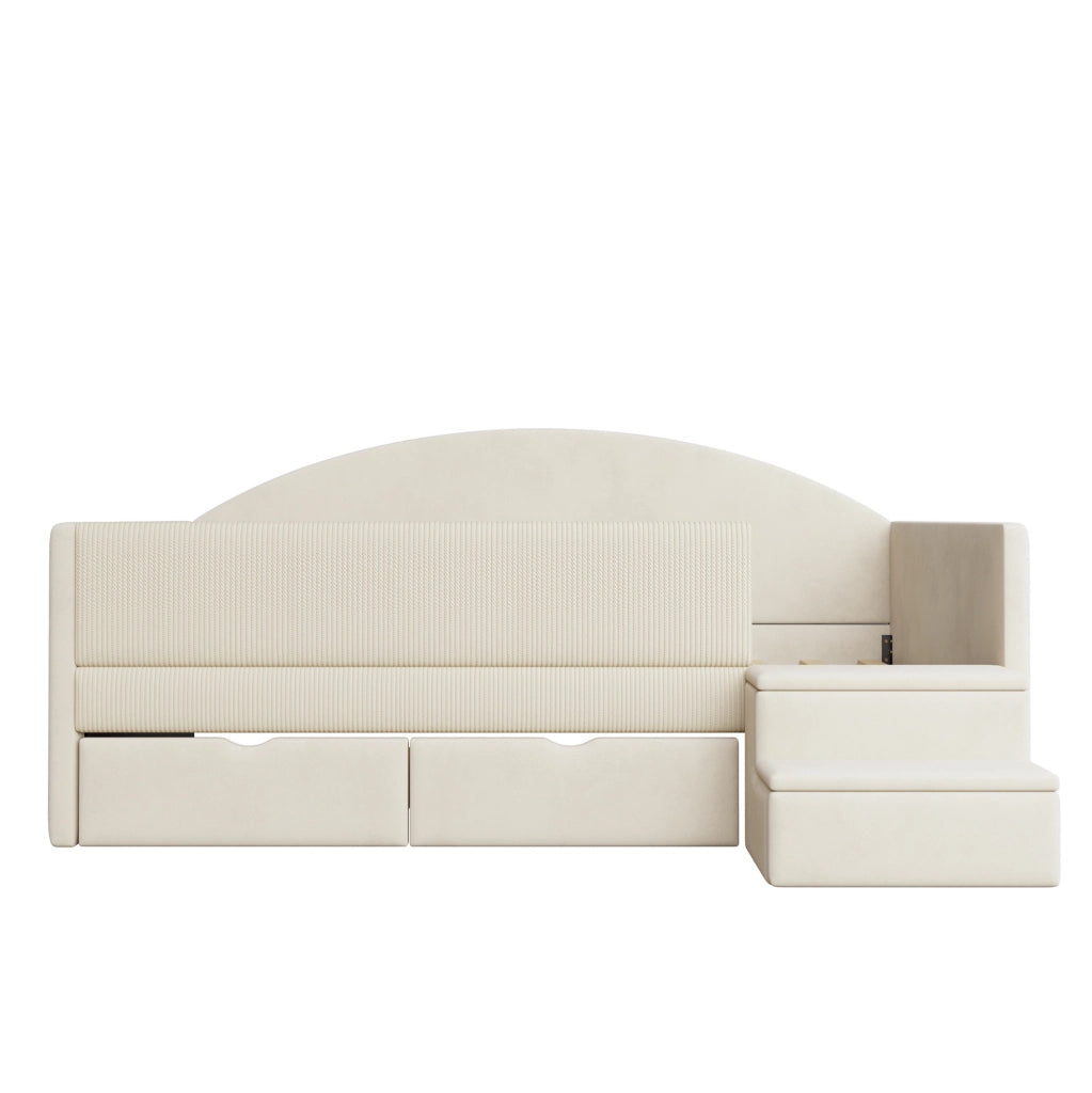 Letto imbottito 90 x 190 cm beige con due cassetti e gradini