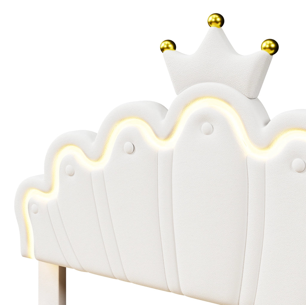 Letto per bambini 140x200 cm con LED; 2 cassetti e testiera regolabile; similpelle bianca e rosa