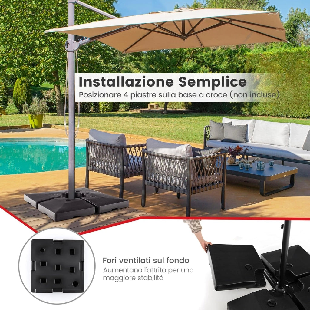 Base Ombrellone Riempibile a 4 Blocchi da 20 Litri, Base per Ombrellone Decentrato con Blocchi Riempibili di Acqua/Sabbia, Pesi per Ombrellone da Giardino Terrazzo Bordo Piscina, Fino 128 kg