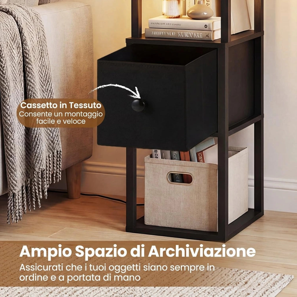 Lampada da Terra, Piantana da Terra con Cassetto, Ripiani, Luminosità Regolabile e Tubi Luminosi Ruotabili 360° Lampada a Stelo per Soggiorno, Camera da Letto e Studio