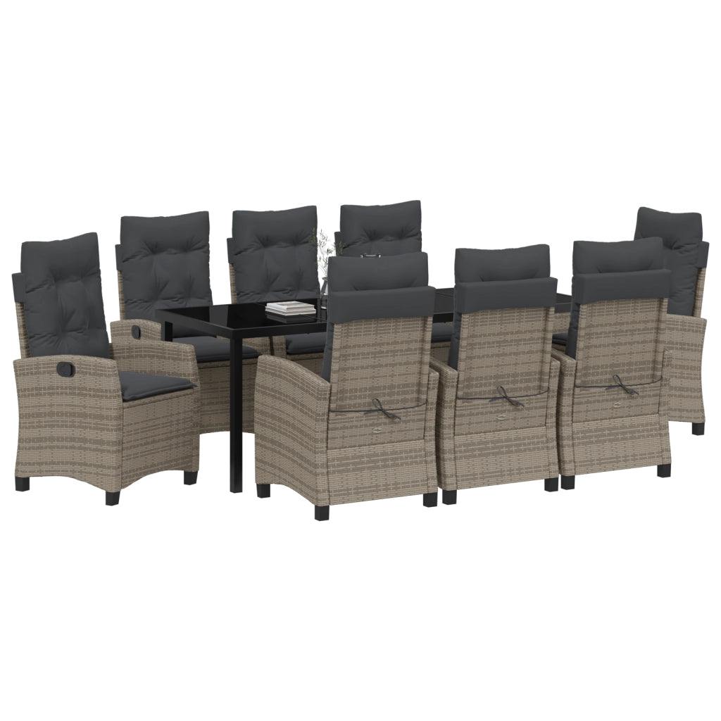 Set da pranzo da giardino da 9 pezzi con cuscini Grigio Polyrattan