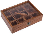 Dabba per Spezie - 12 Compartimenti - Costruzione in Legno - 25,5 x 19,5 x 6,3 cm
