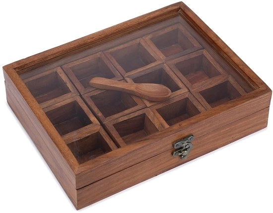Dabba per Spezie - 12 Compartimenti - Costruzione in Legno - 25,5 x 19,5 x 6,3 cm