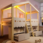 Letto alto a forma di casa bianco e naturale in pino con funzione LED e 2 cassetti 90x200 cm