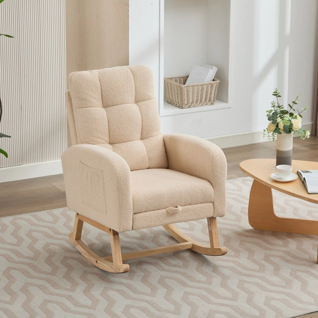 Poltrona a dondolo ergonomica beige in bouclé con tasca laterale