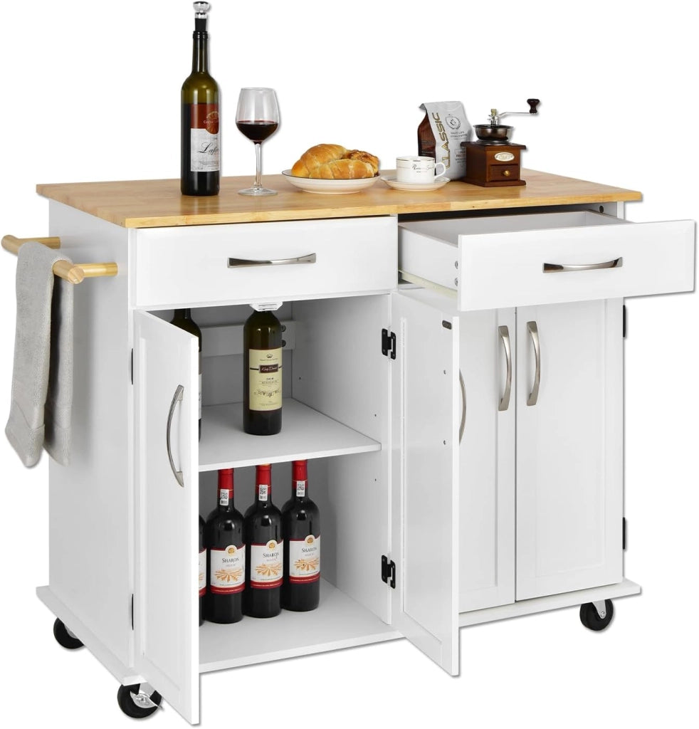 Carrello da cucina a isola con piano di lavoro, carrello da portata in legno con ruote bloccabili, trolley da cucina con 2 cassetti/portasciugamani/doppia porta, mobile da cucina (bianco)