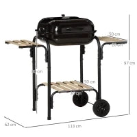 Barbecue a Carbone con Coperchio, Ripiani e Ruote, Completo di Spatola, Pinza e Coltello, Nero