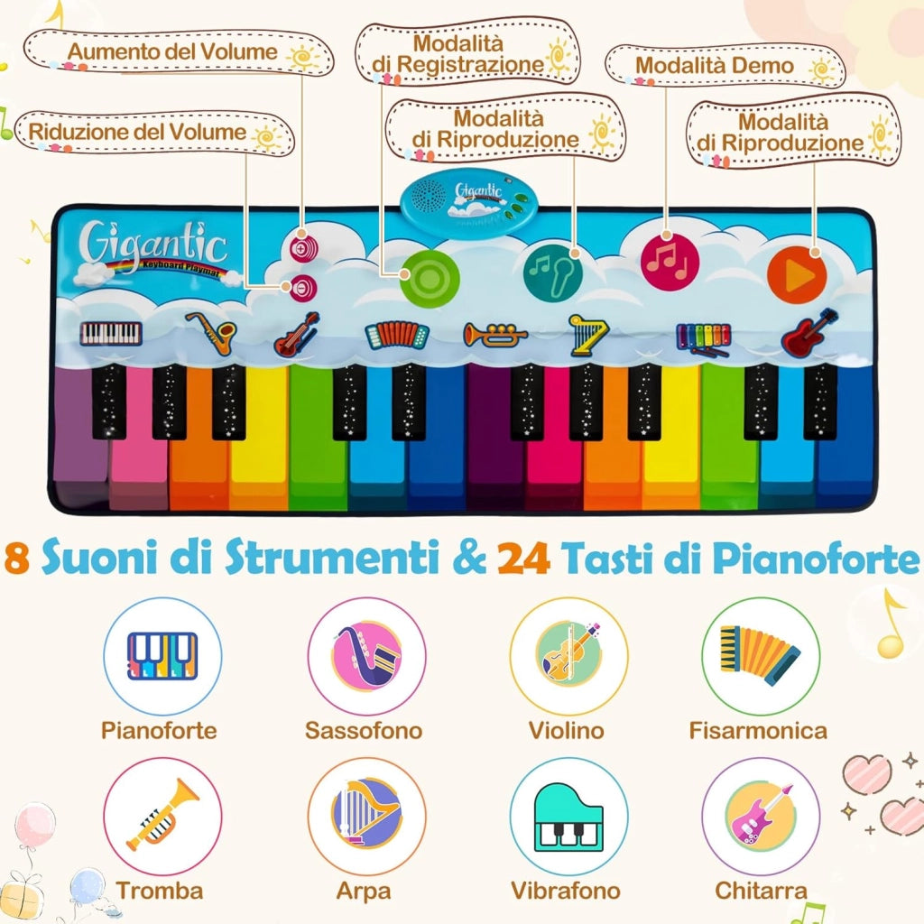Tappetino Musicale per Bambini, Tappeto Pianoforte con 8 Suoni di Strumenti, Tastiera Colorata e Musica Integrata, Giocattolo Educativo per Bambini 3+ Anni