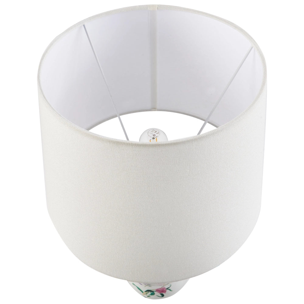 Lampada da tavolo Base in porcellana bianca Paralume a tamburo in lino con patten floreale Illuminazione elegante