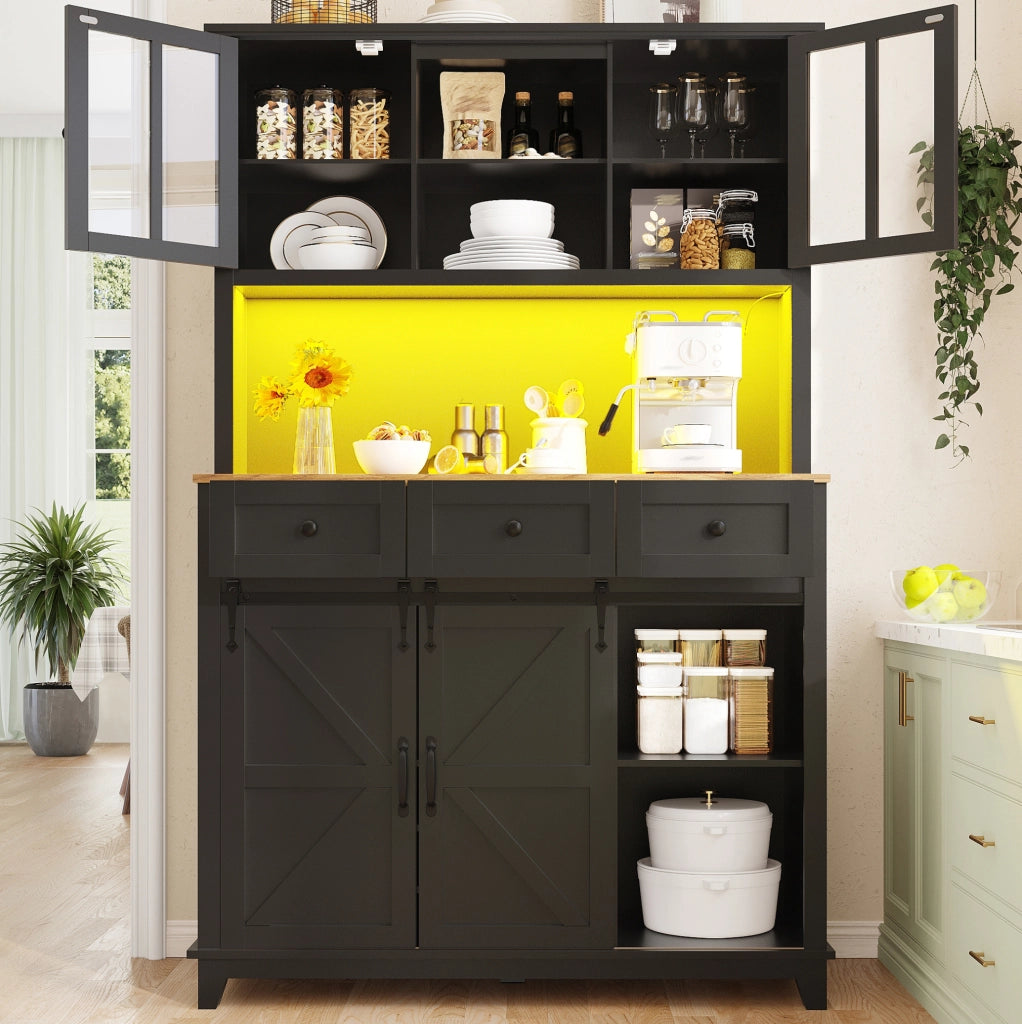 Credenza 105x38.4x180 cm con LED; ante in vetro e ripiani regolabili in MDF e metallo nera