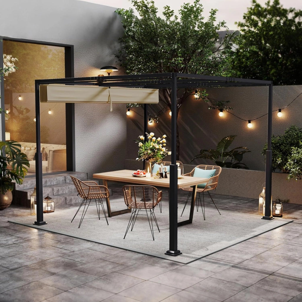Pergola 3x3m, baldacchino impermeabile, stabile invernale, gazebo con ombreggiatura regolabile, protezione solare per giardino, terrazza e balcone, beige