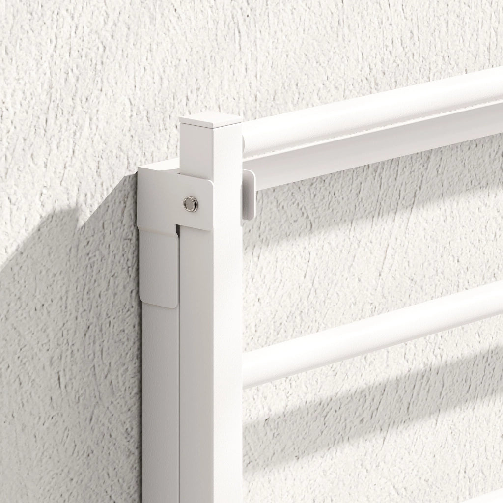 Portasciugamani a Parete Pieghevole 60x32,5x20 cm con 5 Barre e 6 Ganci in Legno e Acciaio Bianco