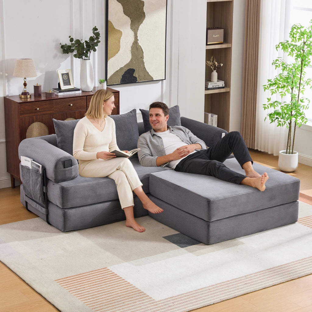 Divano Modulare con Pouf ¨C MINIMAL ¨C Tessuto a Coste, Grigio Scuro, Cuscini, Tasche Laterali