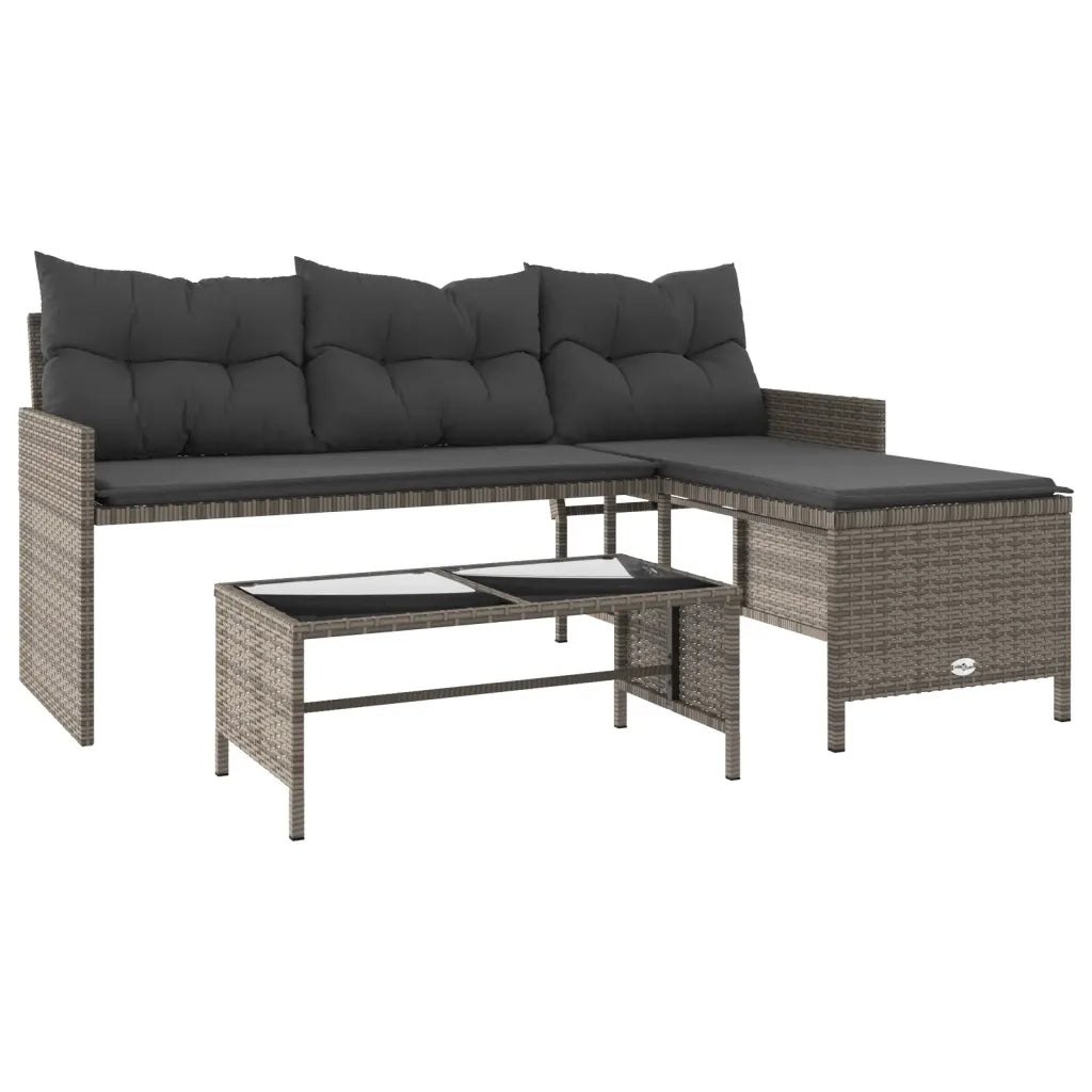 Divano da Giardino con Tavolo e Cuscini a L Grigio Polyrattan 365574