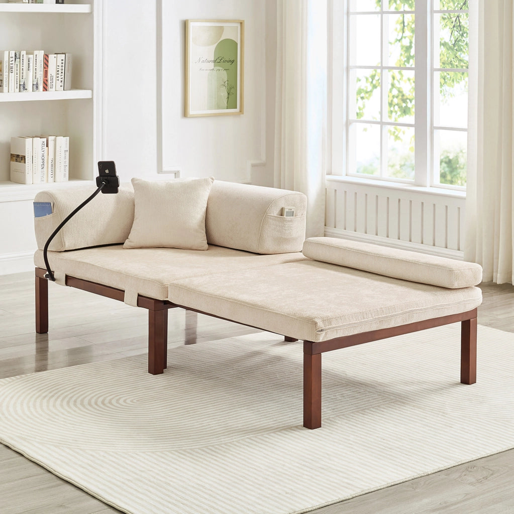 Divano letto pieghevole in legno massello, singolo, beige