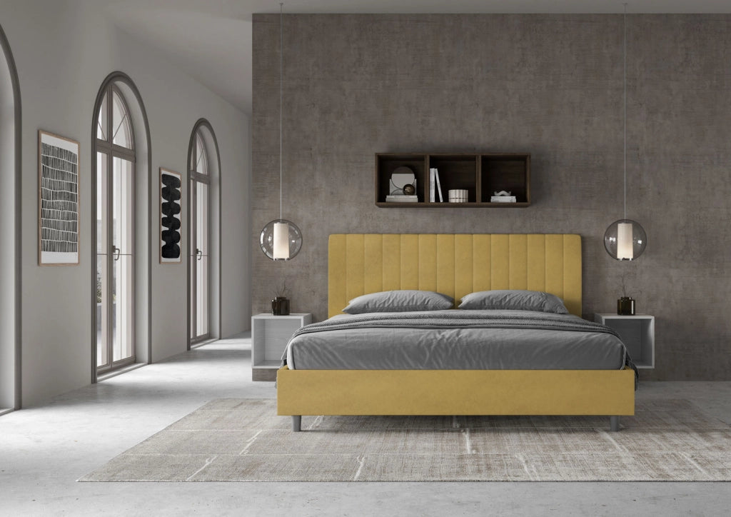 BS COM Letto matrimoniale king size con rete imbottito 190x210 microfibra ocra