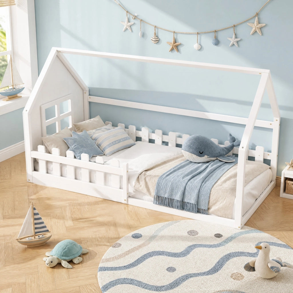 Letto per bambini a forma di casetta 90 x 200 cm in pino; bianco